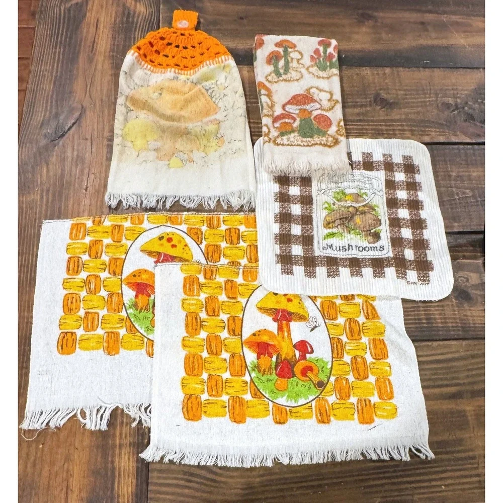 Vintage Mushroom Kitchen Towel Lot 5pc Orange Brown Retro 70s Cottagecore USA